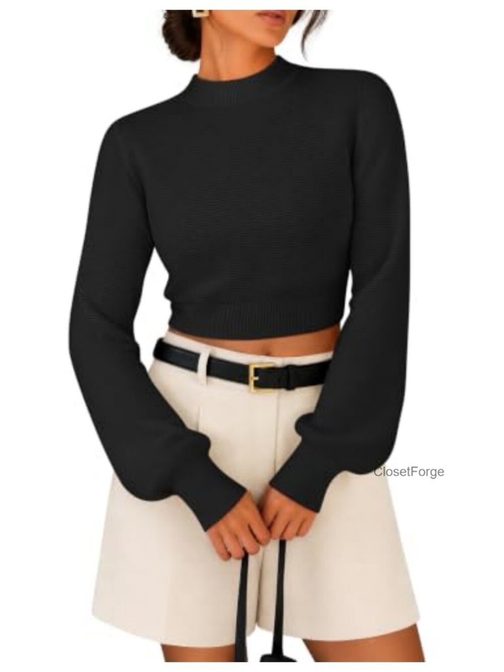Women's Mock Neck Cropped Sweater Long Sleeve Pullover Top